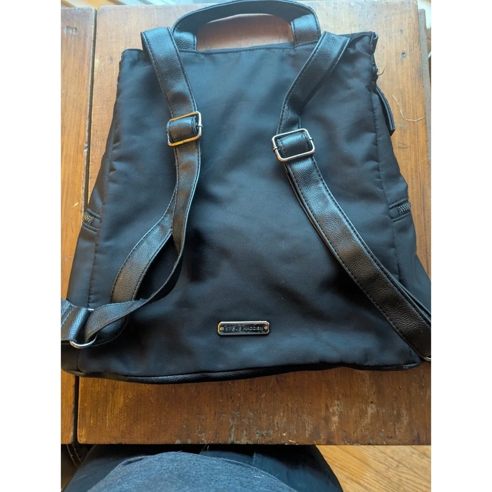 Steve Madden Black Nylon Faux leather Backpack Bag    Lining In Stripes